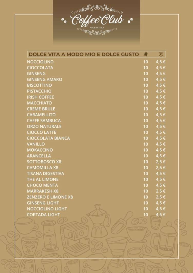 Menu di Coffee Club Capsule e Cialde 