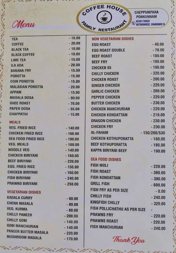 Coffee house family restaurants menu
