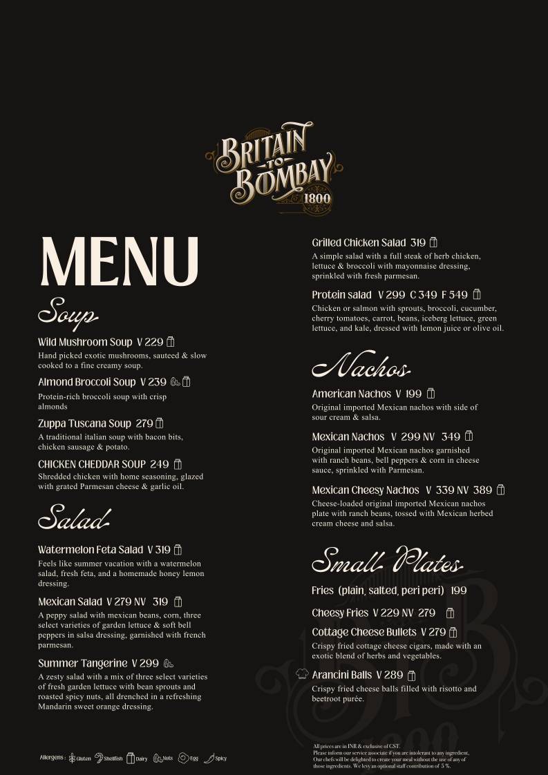 Britain To Bombay 1800 menu