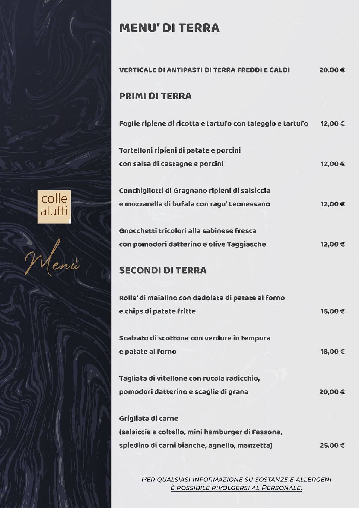 Menu di Colle Aluffi Eventi 