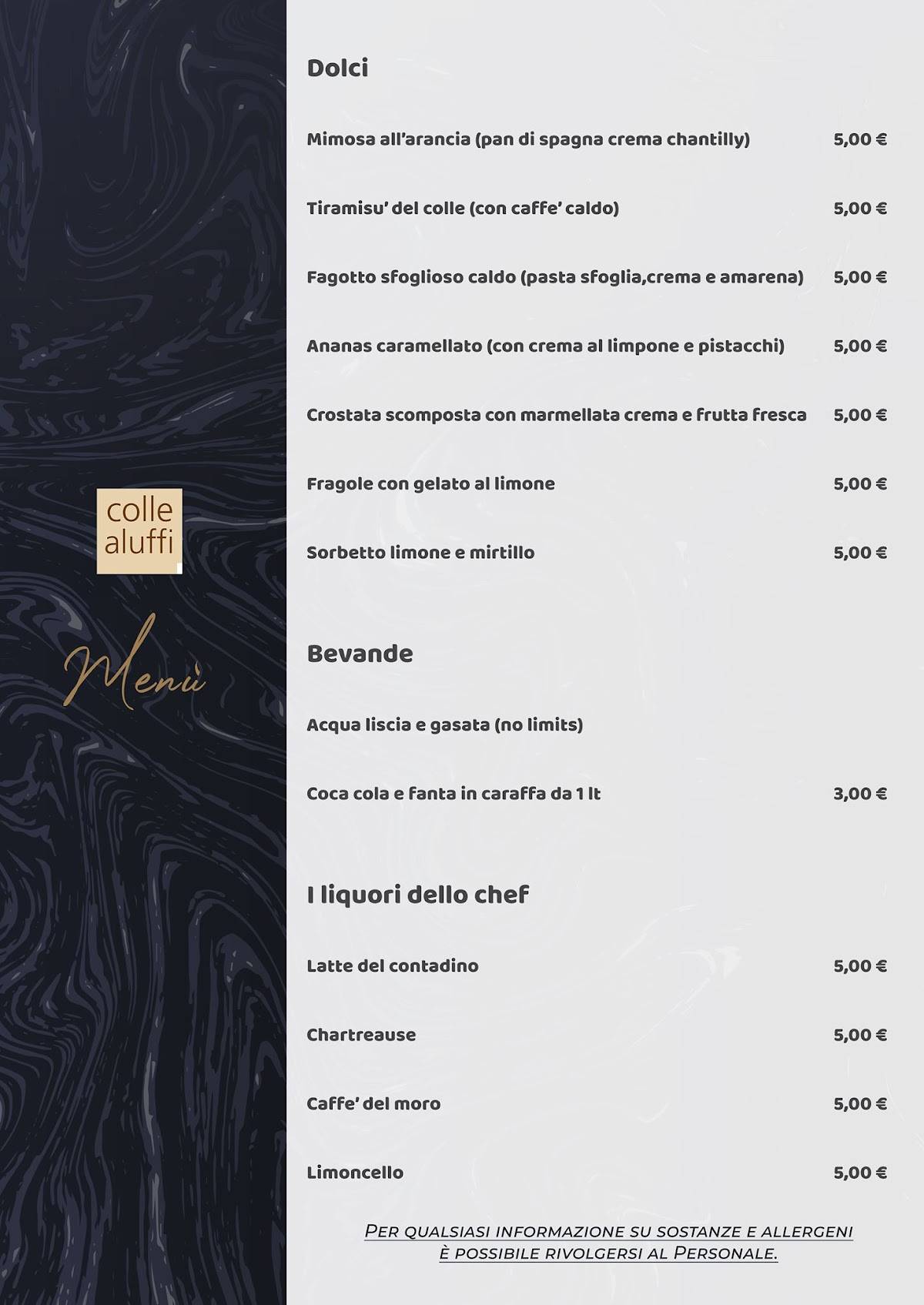 Menu di Colle Aluffi Eventi 