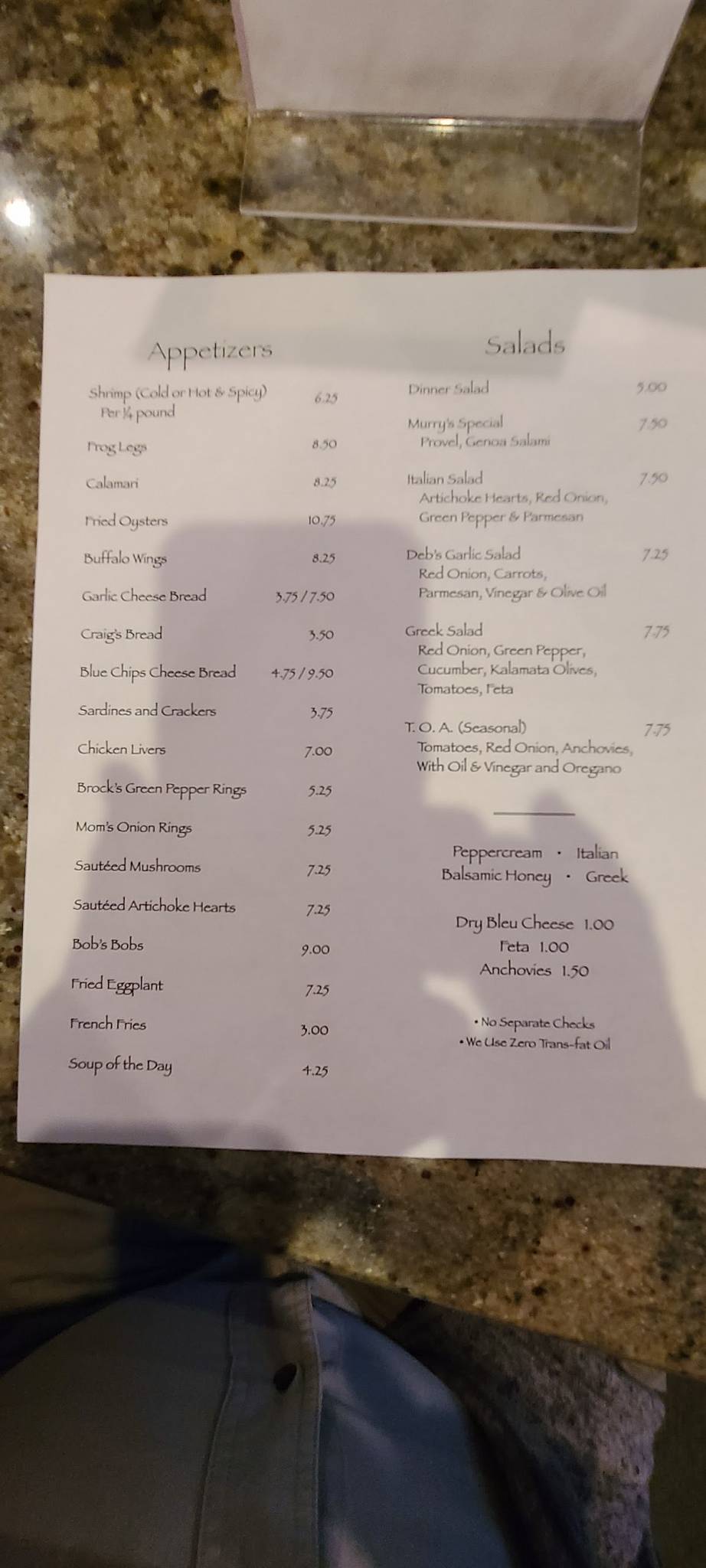 Menu at Murry's restaurant, Columbia