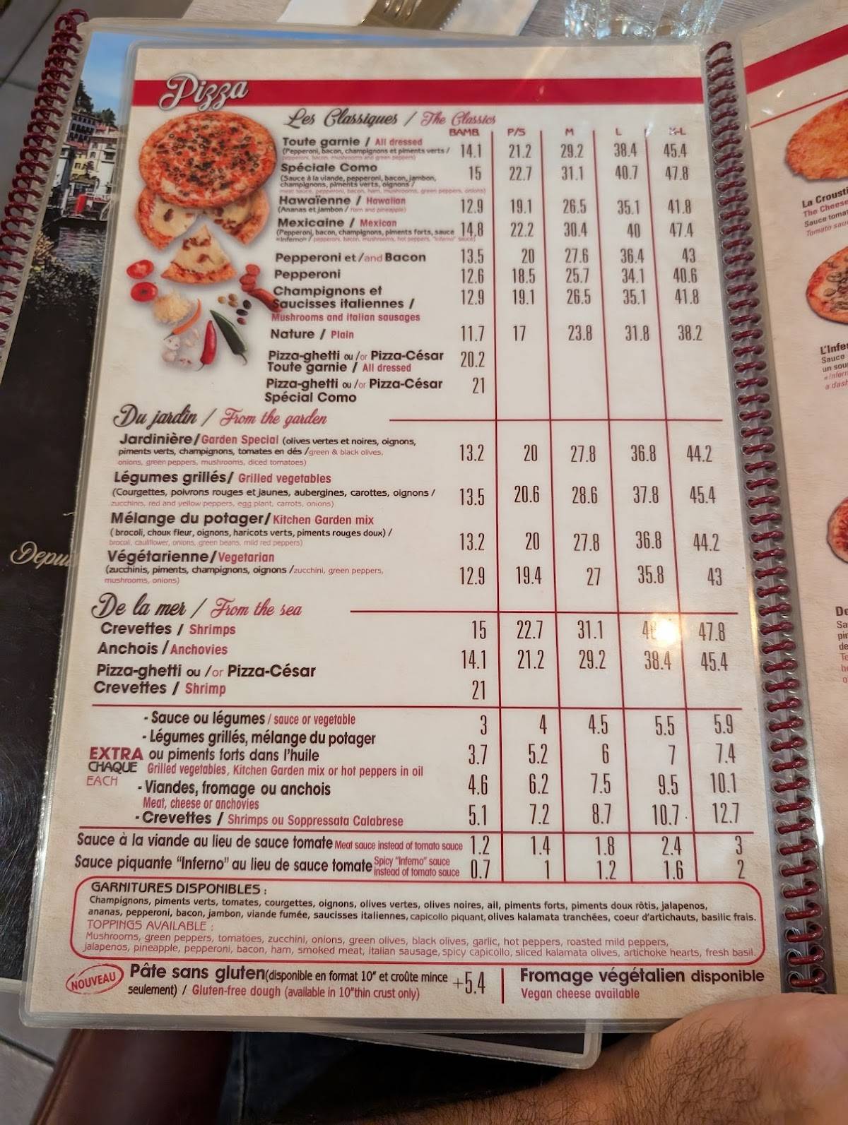 Menu de Como Pizzeria