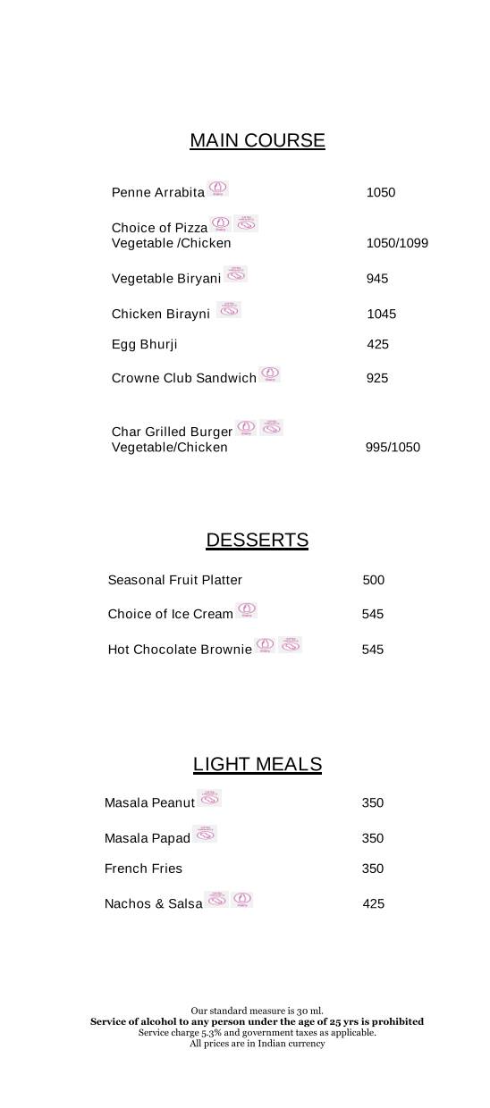 Connexions - Crowne Plaza menu