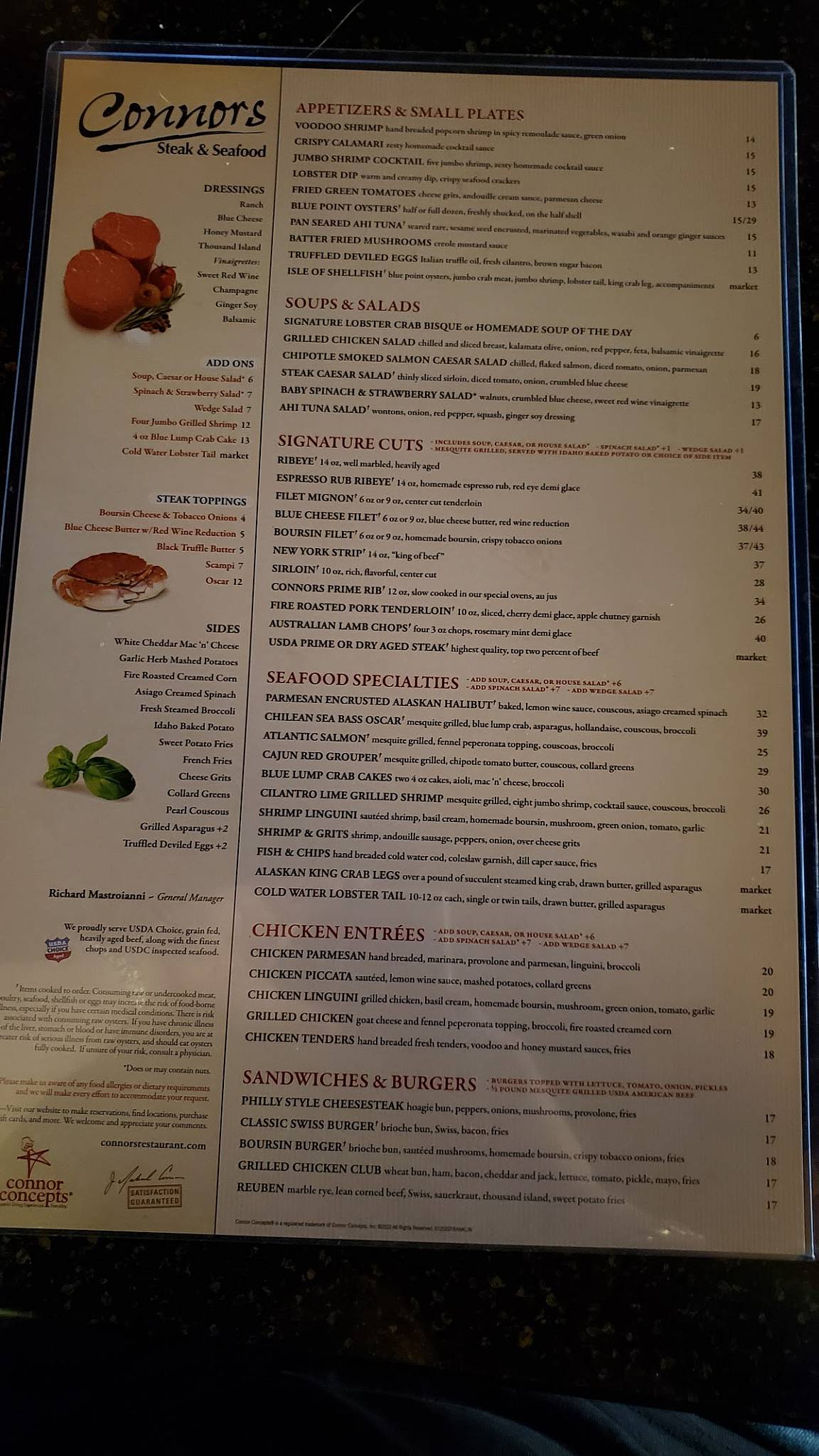 Menu at Connors Steak & Seafood pub & bar, Franklin