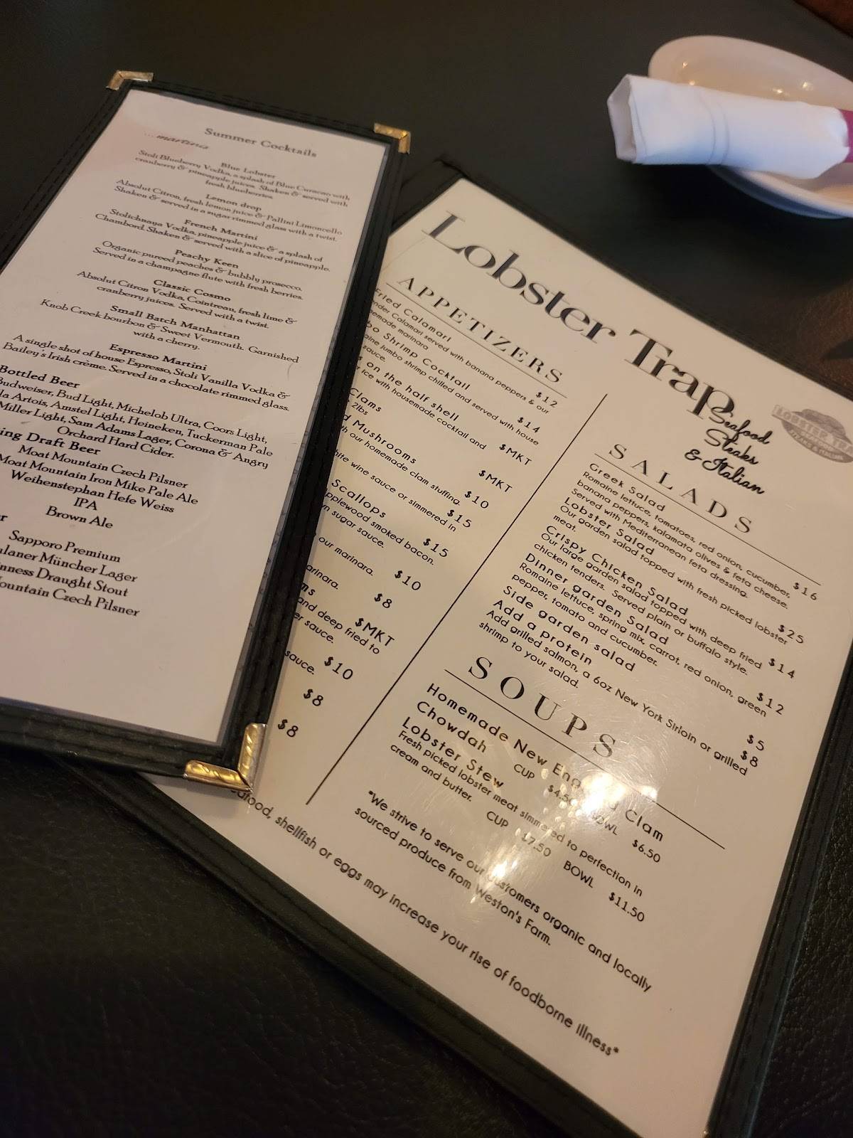 Menu at Lobster Trap restaurant, Conway, West Side Rd