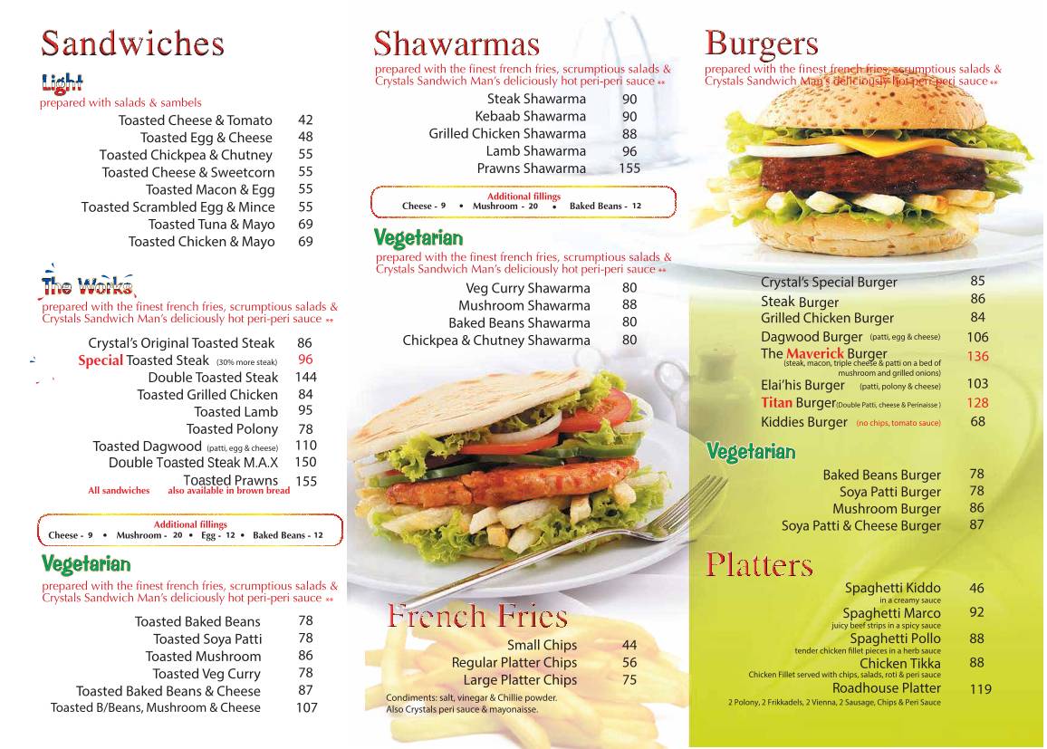 Menu at Crystals Sandwich co restaurant, Durban