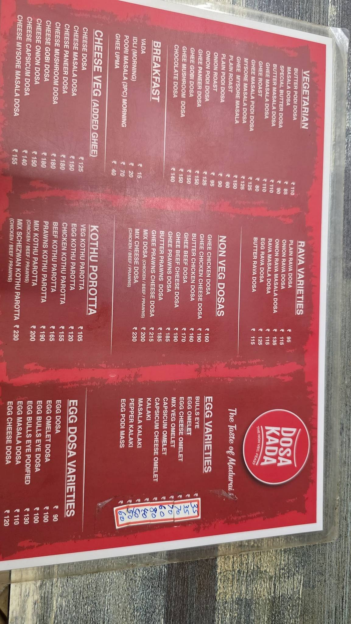 DOSA KADA, Karaparamba menu