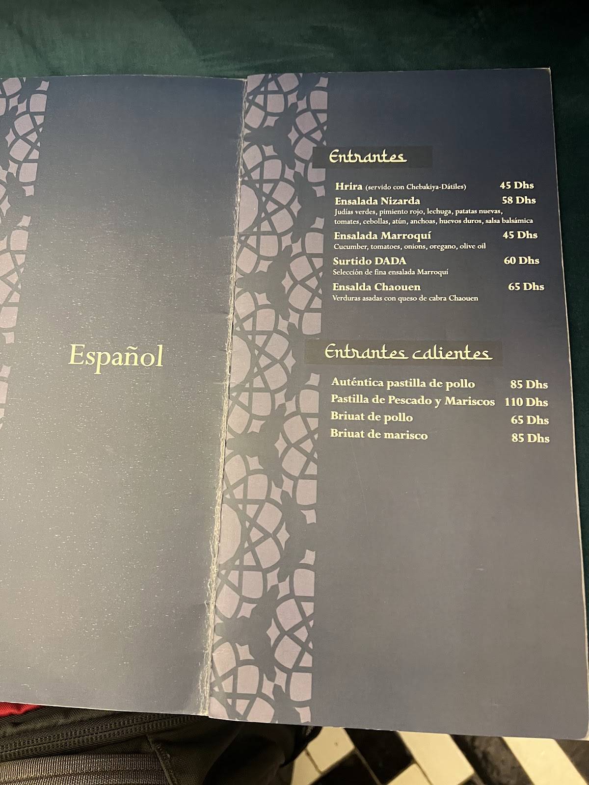 Menu de Dada restaurant