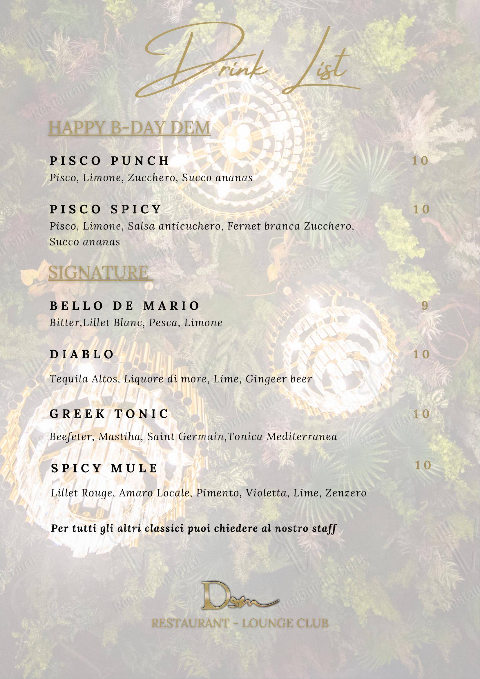Menu di DeM Pavia - Ristorante e Lounge Bar - piatti e bevande