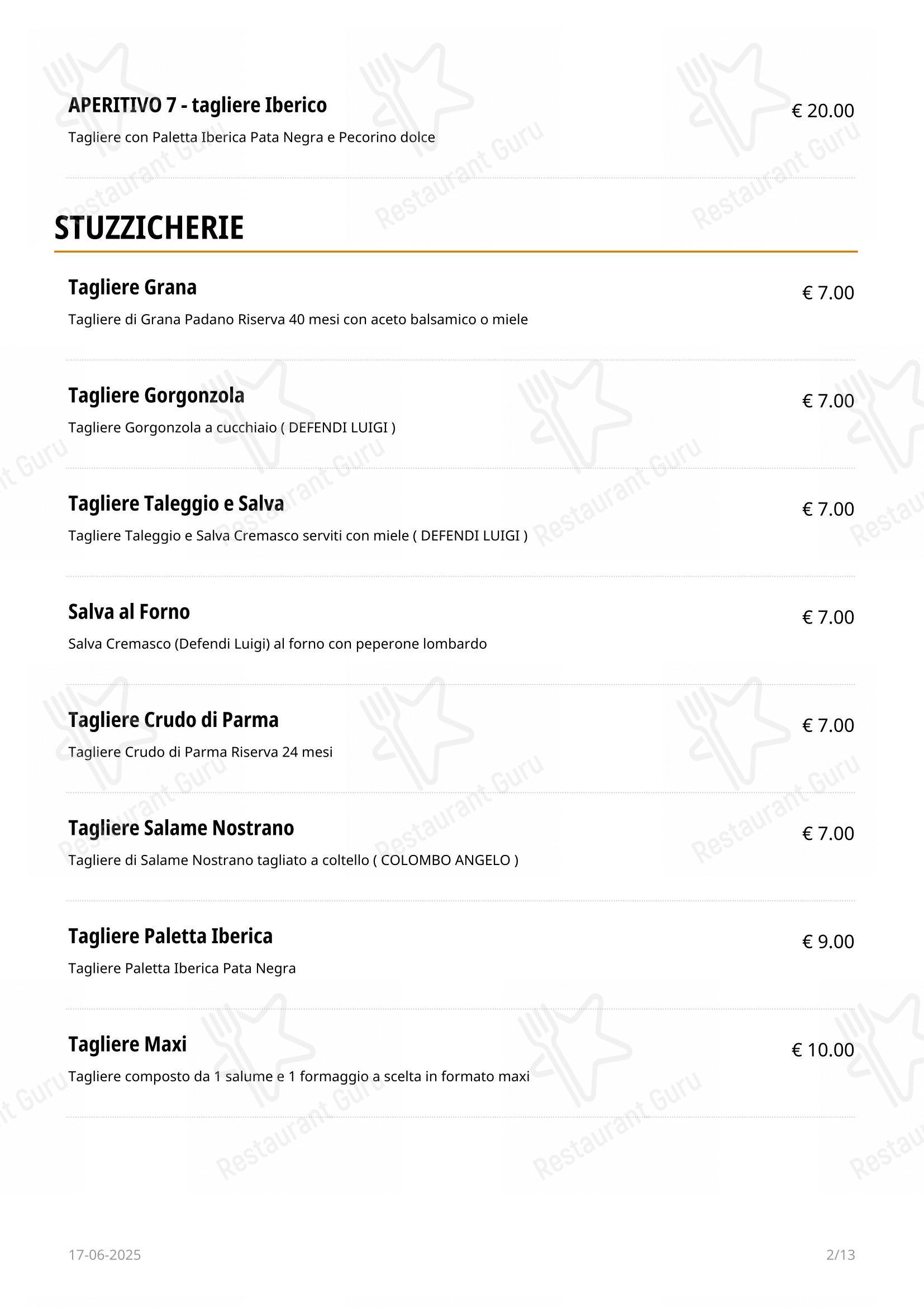 Menu per Deep Milano pub & bar