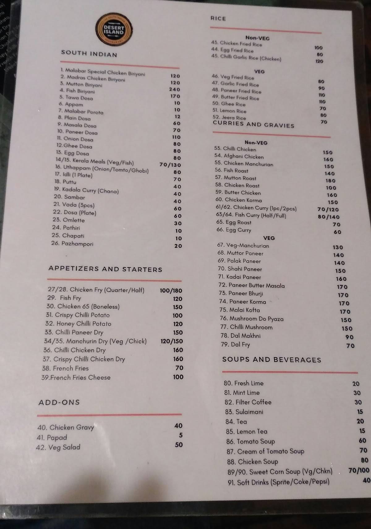Desert Island menu