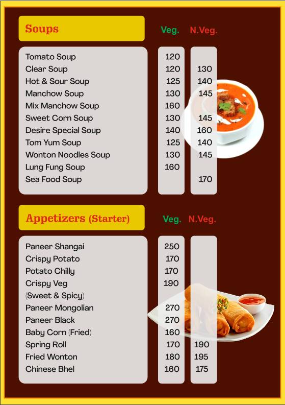 Desire Chinese Chinese Restaurant in Thane Thai Cuisine Restaurant Tandoor Biryani in Thane menu