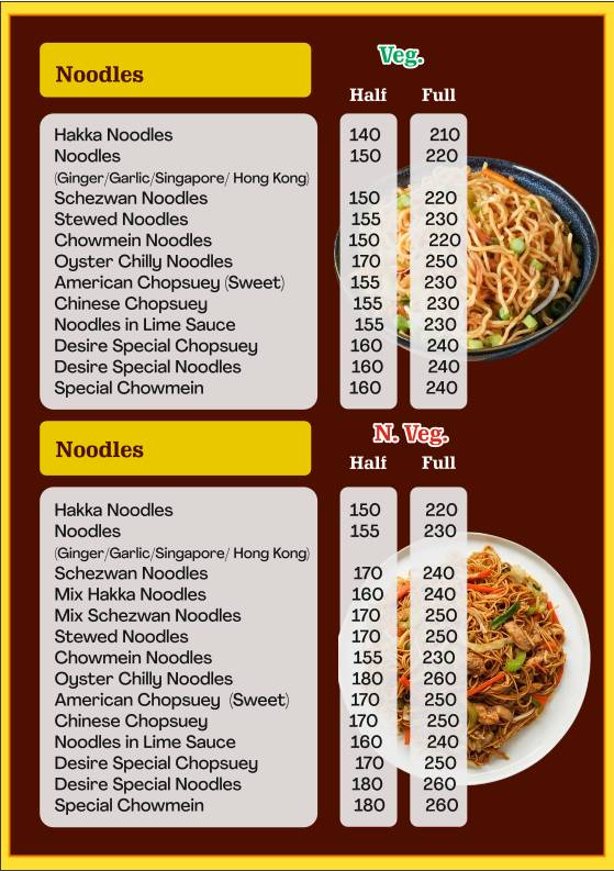 Desire Chinese Chinese Restaurant in Thane Thai Cuisine Restaurant Tandoor Biryani in Thane menu