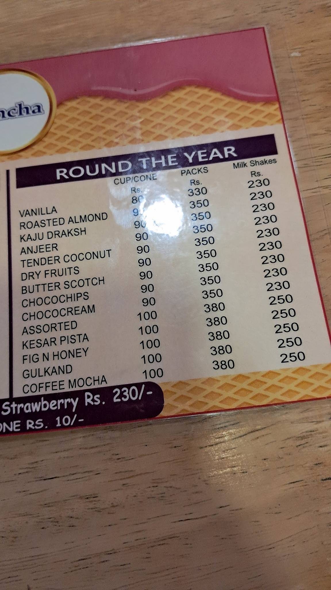 Sancha Ice Creams menu
