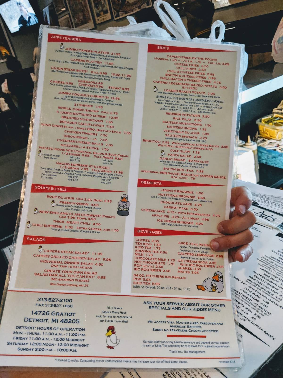 Menu at Capers steakhouse, Detroit