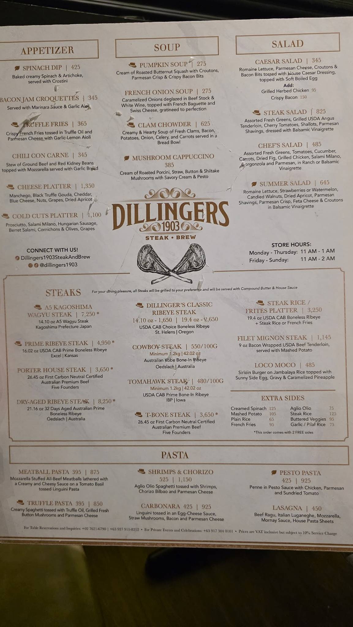 Menu at Dillingers 1903 Steak and Brew pub & bar, Makati