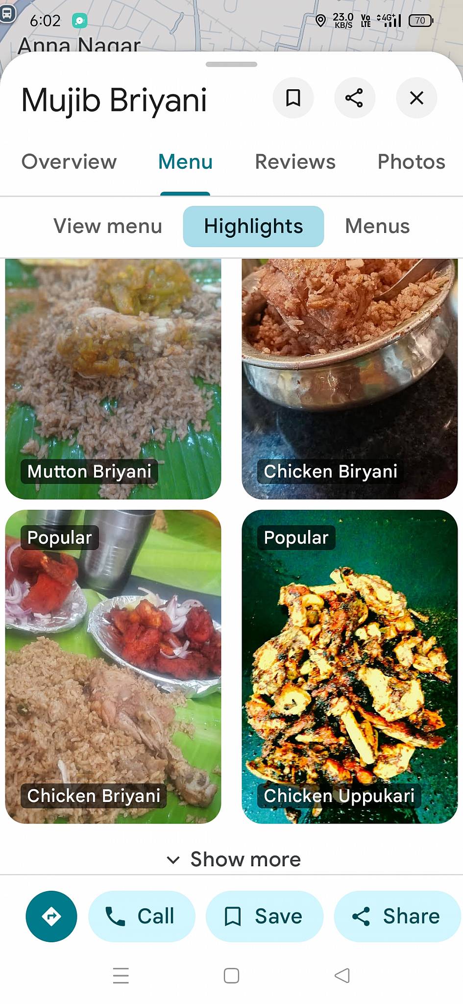 Mujib Briyani menu