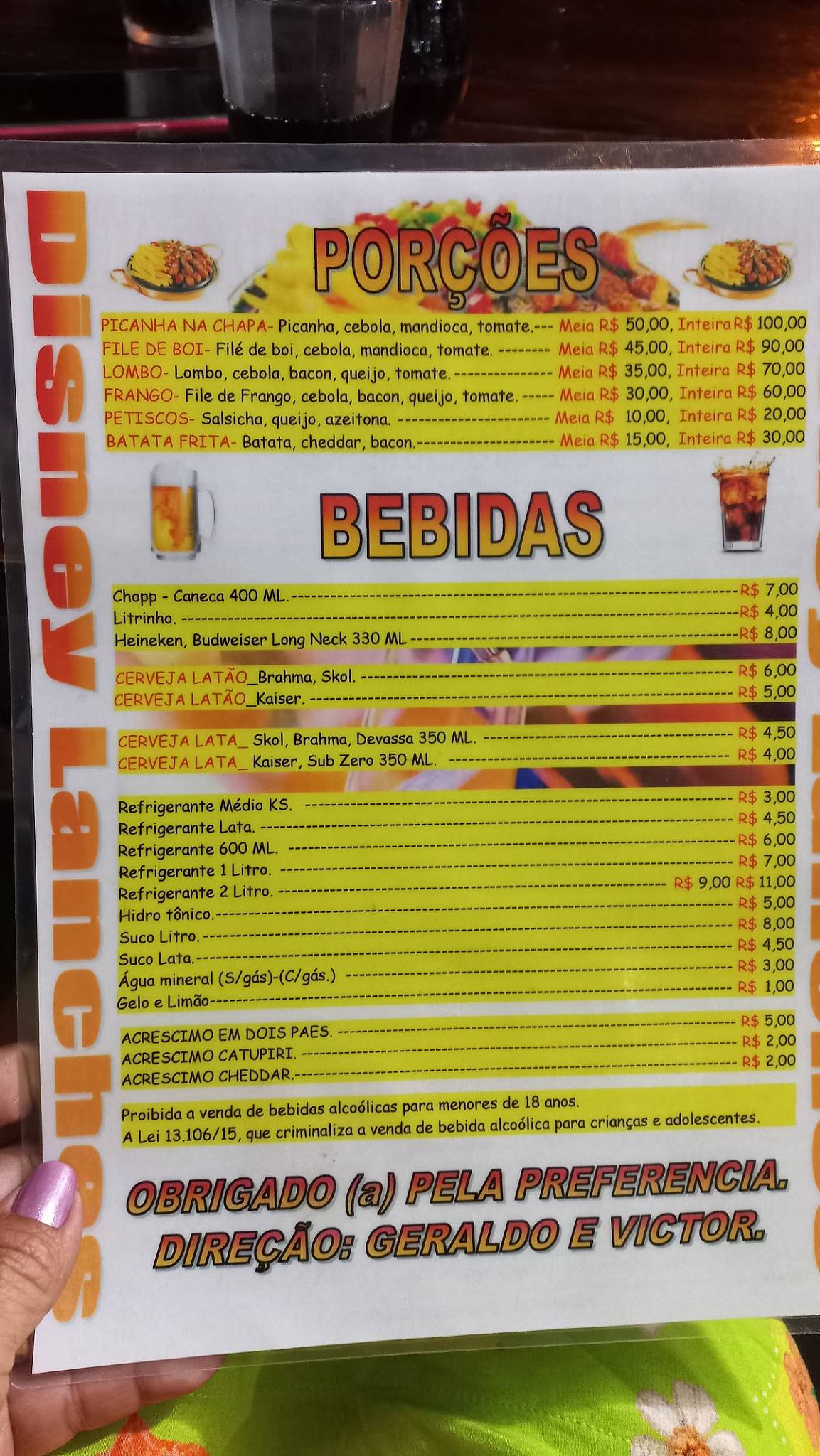Disney Lanches cardápio