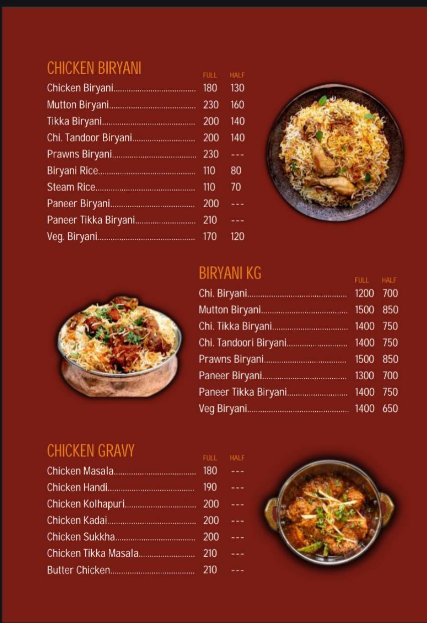 Salim Biryani menu