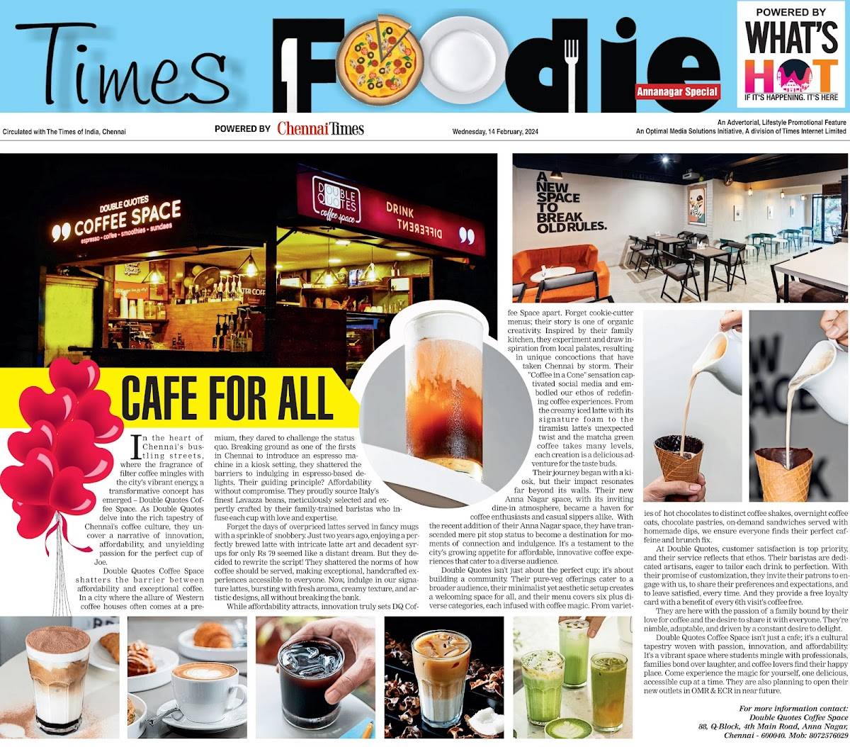 Double Quotes Coffee Space Dine In 4th Main Road Anna Nagar menu