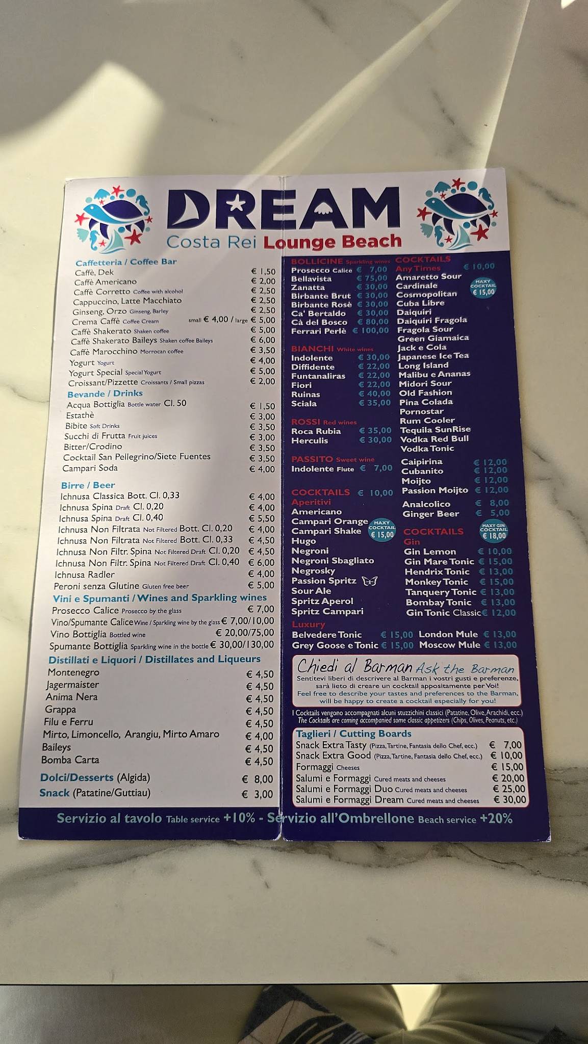 Menu di DREAM Costa Rei Lounge Beach Bar 
