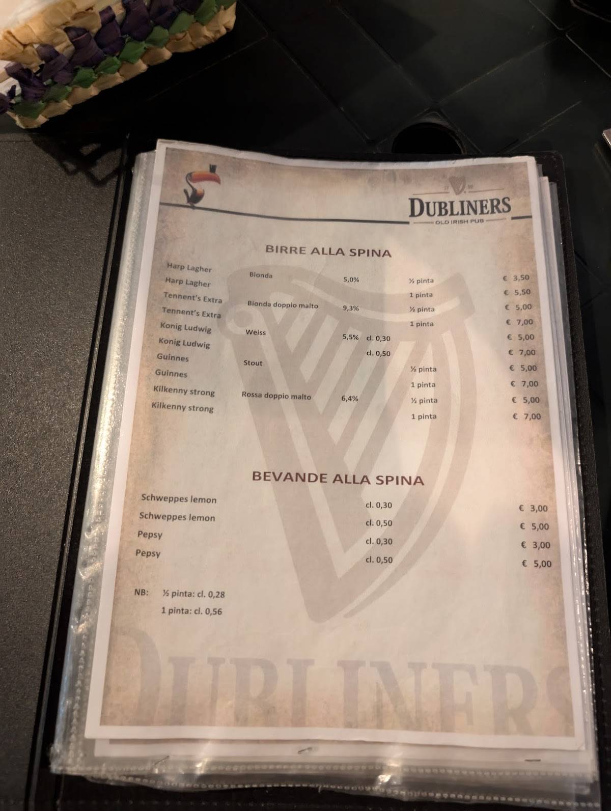 Menu di Dubliners Pub 