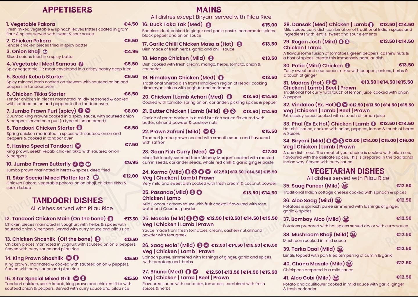 Menu at Sitar Indian Restaurant & Takeaway, Dundalk