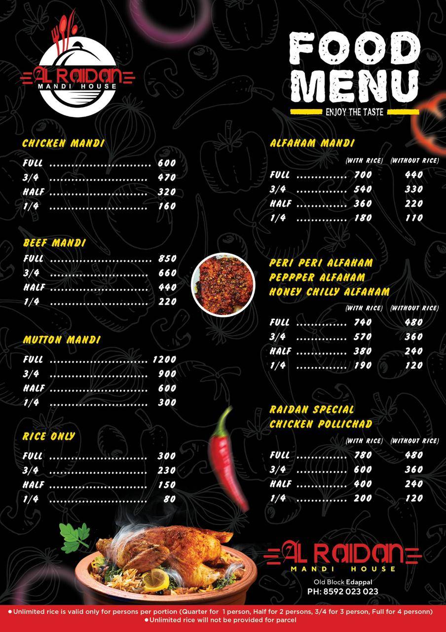 Al Raidan Mandi House Edappal menu