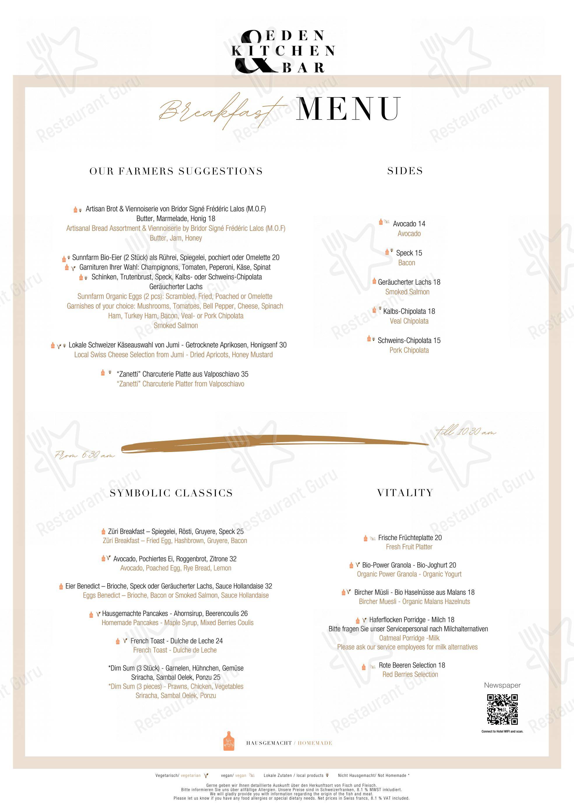 Dinner Menu per Eden Kitchen & Bar in Zurigo