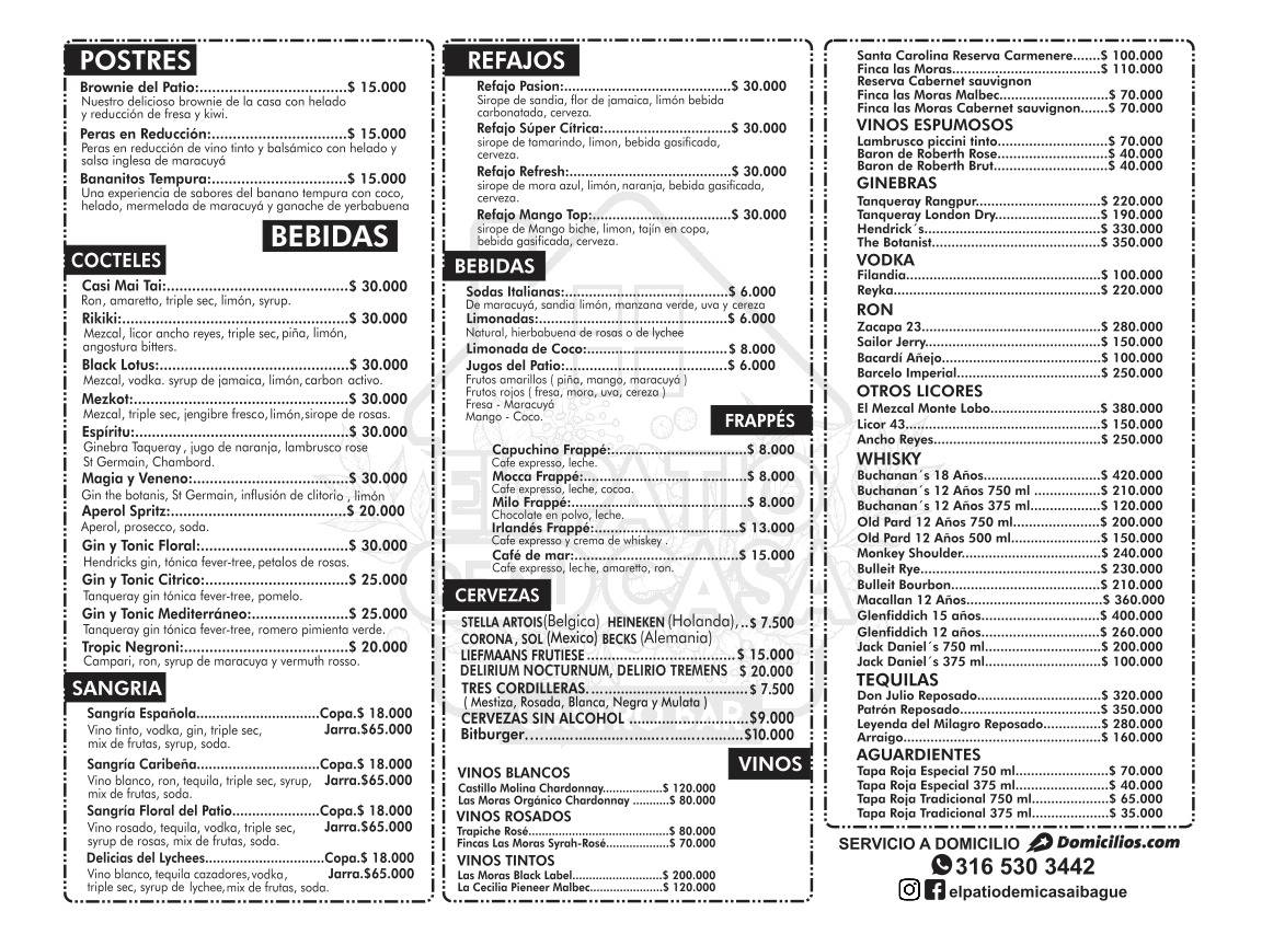 Carta del restaurante El Patio del Mi Casa Ibagué, Ibagué