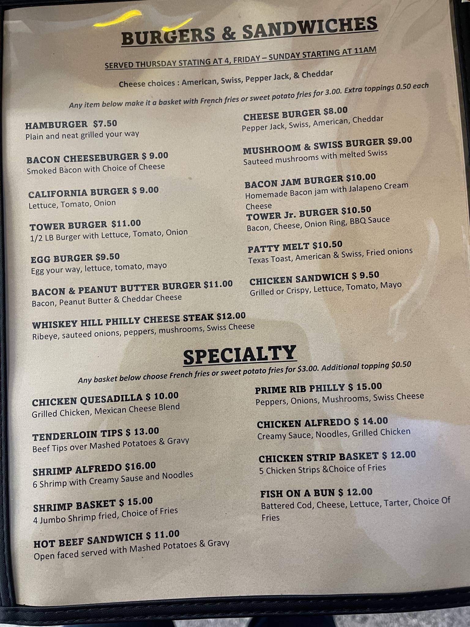 Menu at Whiskey Hill Grill restaurant, Elba