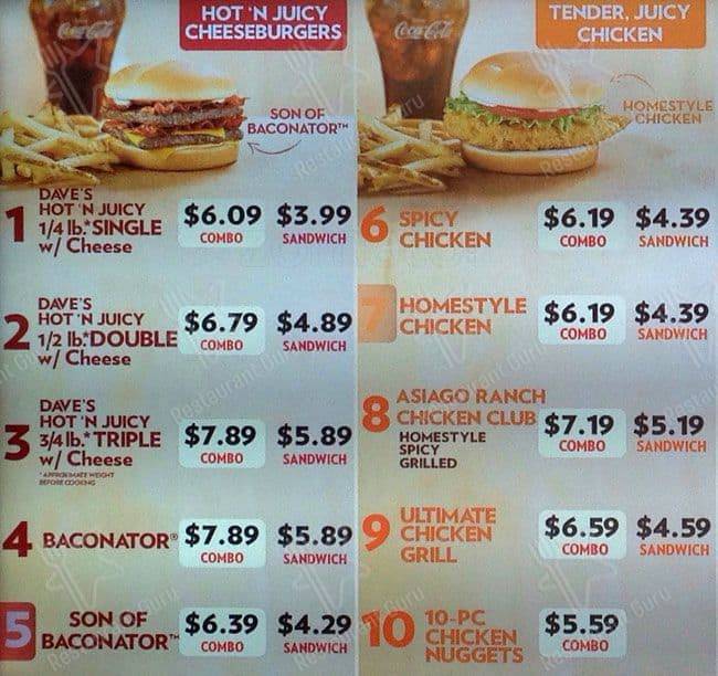 Menu at Wendy's fast food, Elgin, Dundee Ave