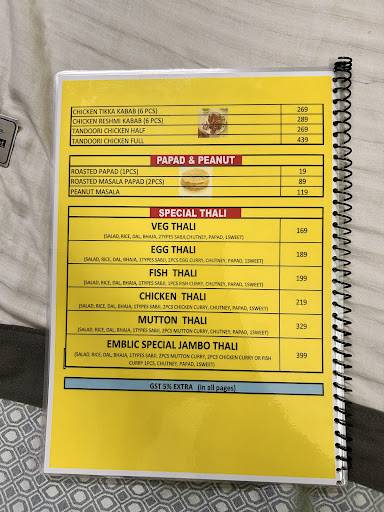 Emblic Hotel and Restaurant menu