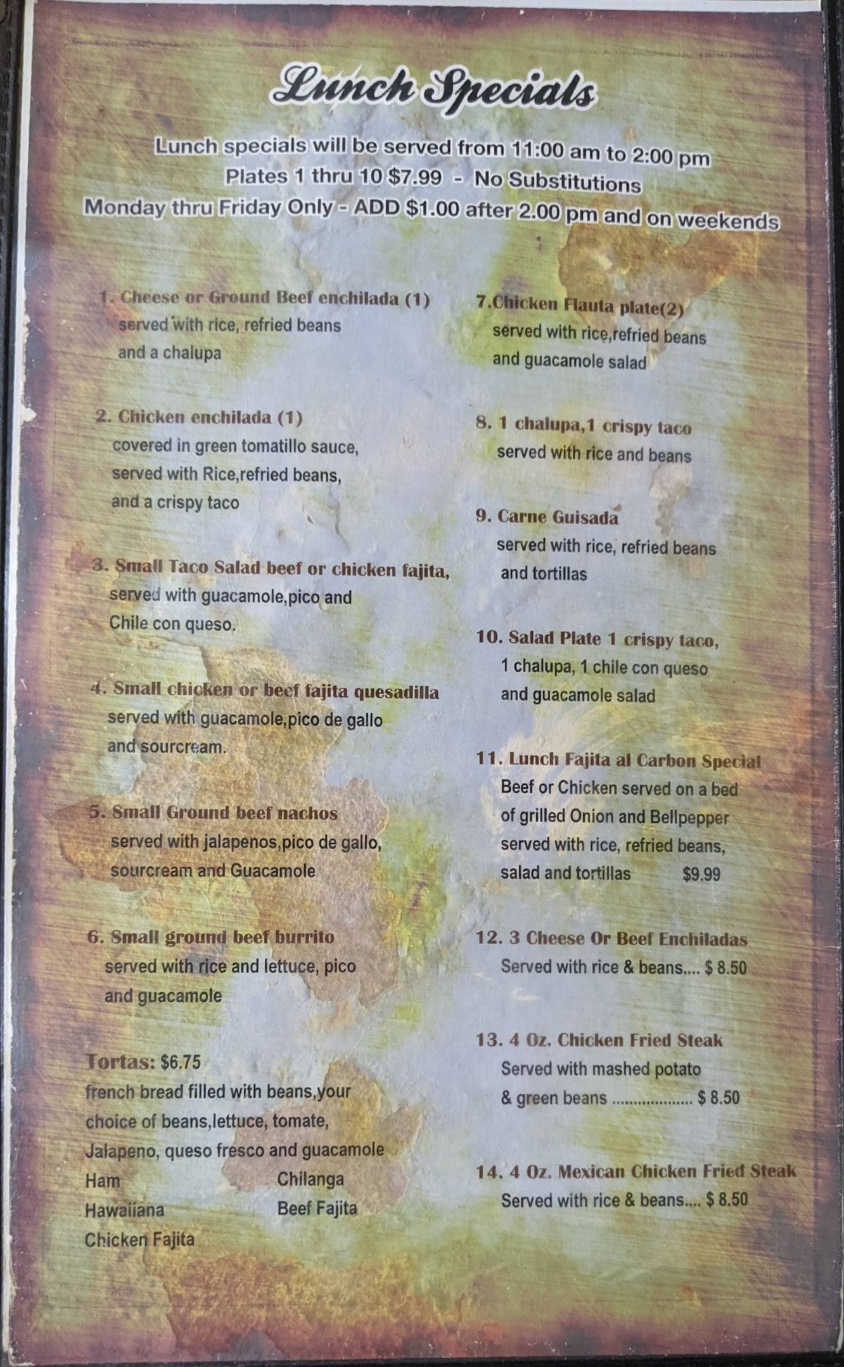 Menu at Emilianos Mexican Grill restaurant, Yoakum