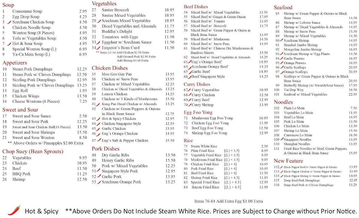 Menu at Eng's Chinese Restaurant, Hamilton