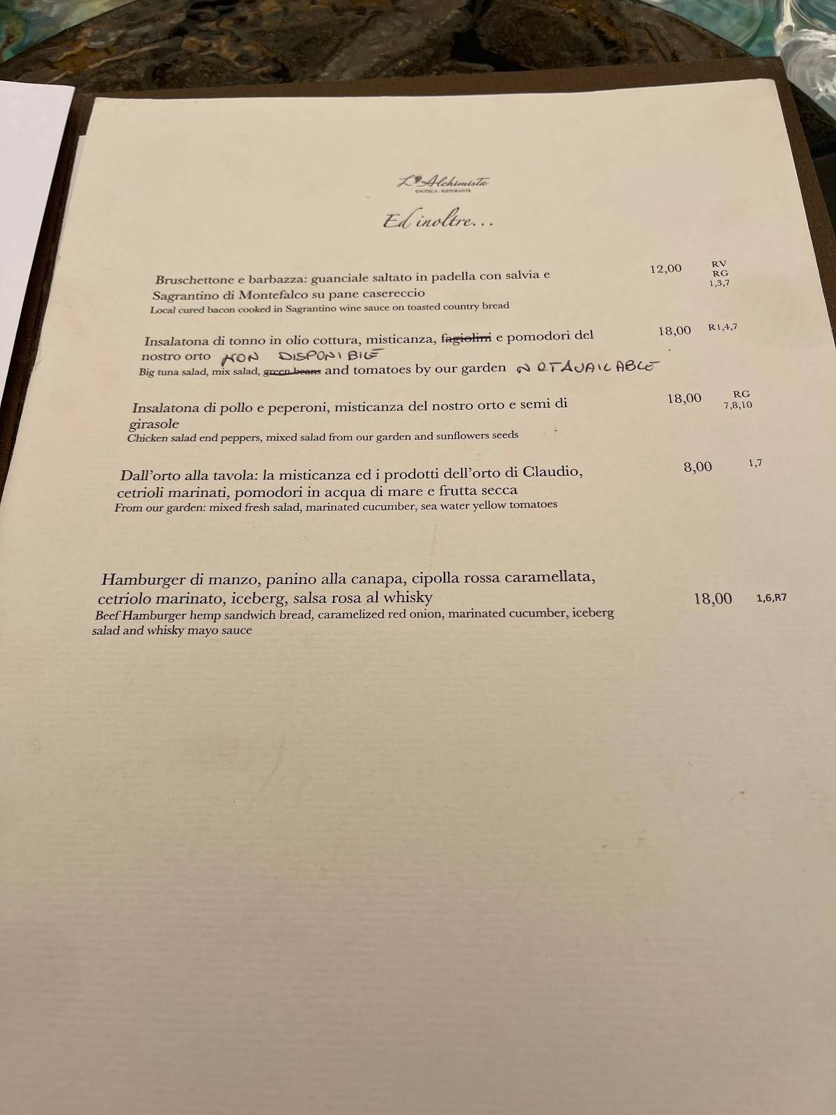 Menu di L'Alchimista 