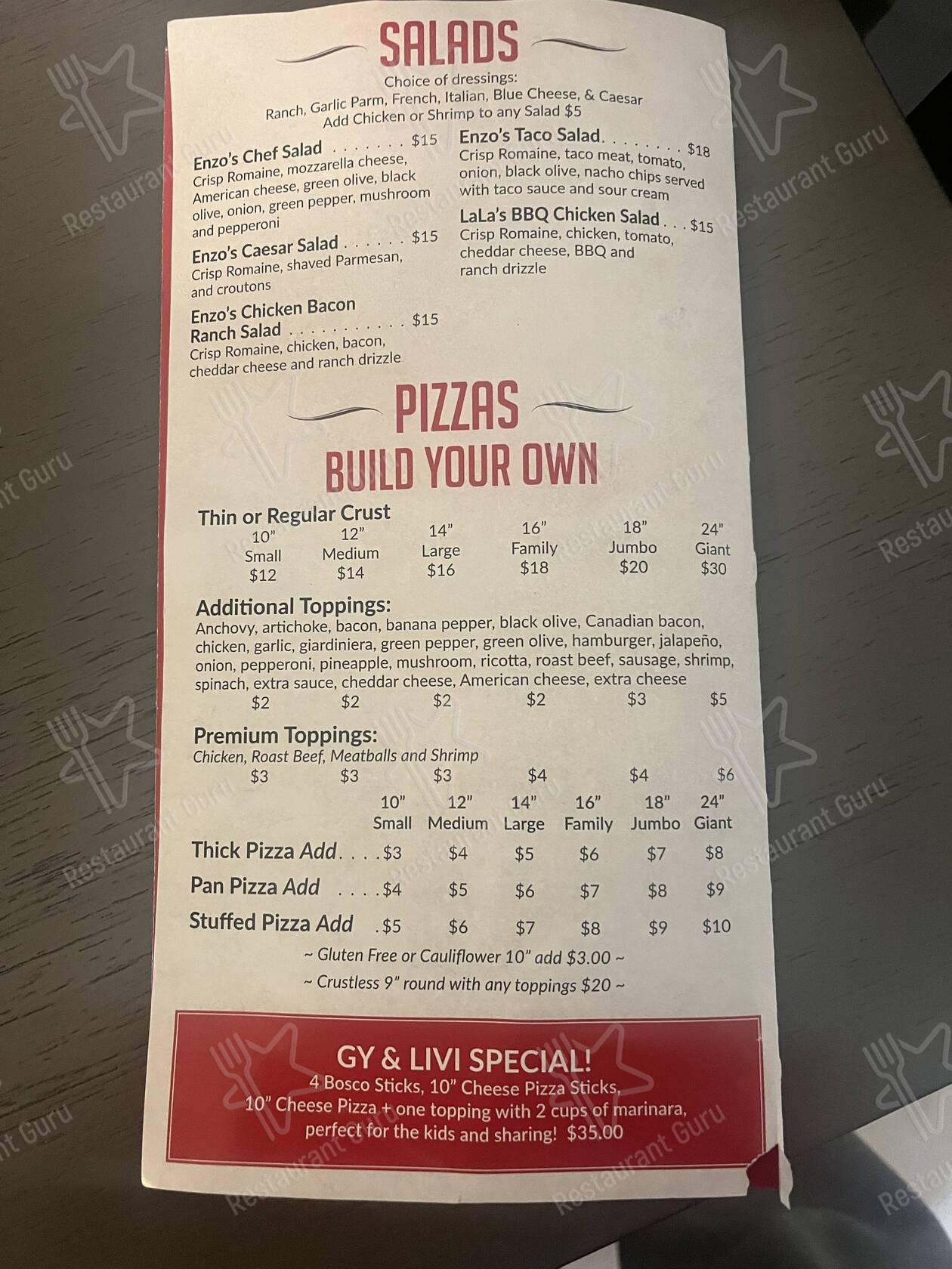 Menu at Enzo's Pizza pizzeria, Elkhorn