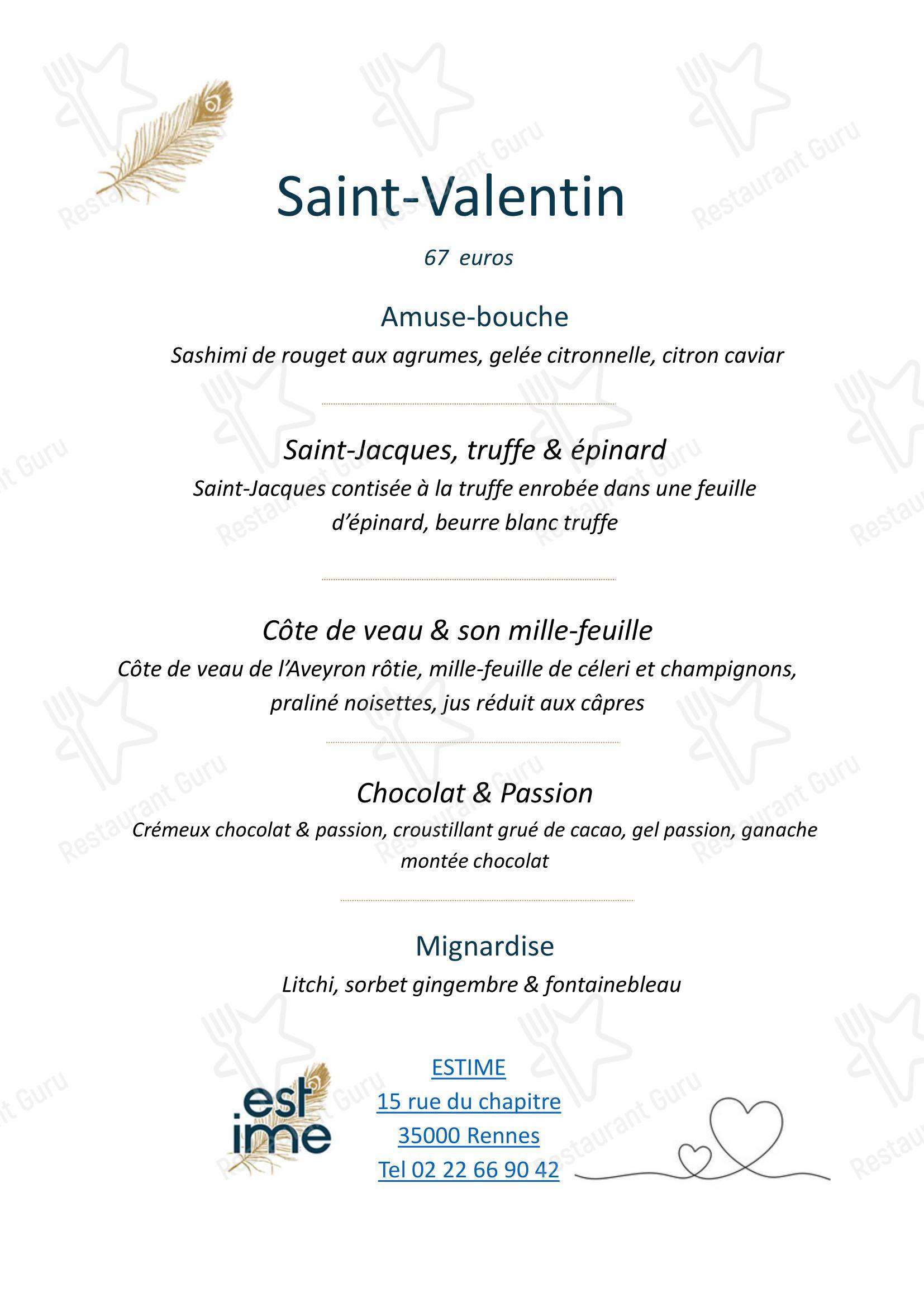 菜单 pour Estime restaurant