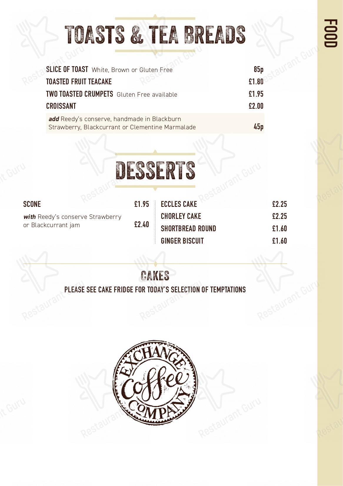 Menu at Exchange Coffee Co cafe, Blackburn