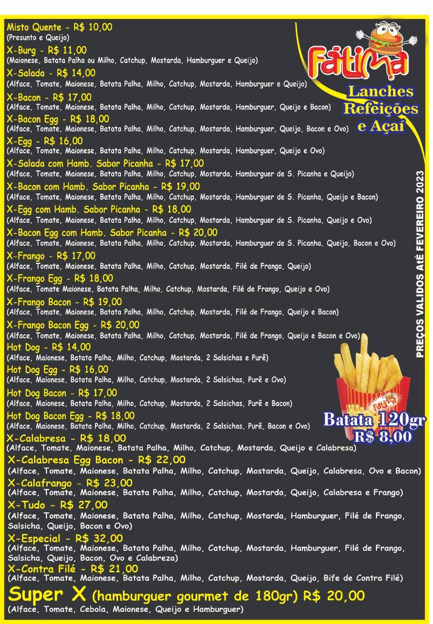 Fátima Lanches Aparecida cardápio
