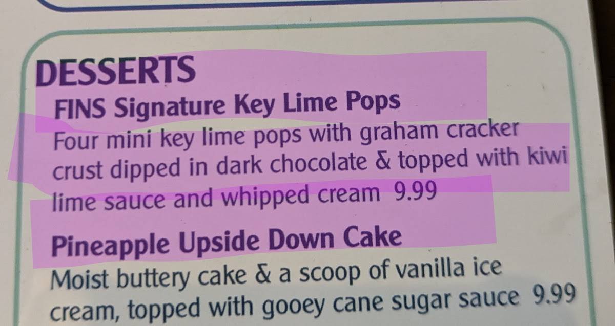 Menu at FINS Seafood & Dive Bar, Cape Coral