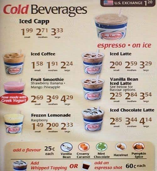 Menu de Tim Hortons