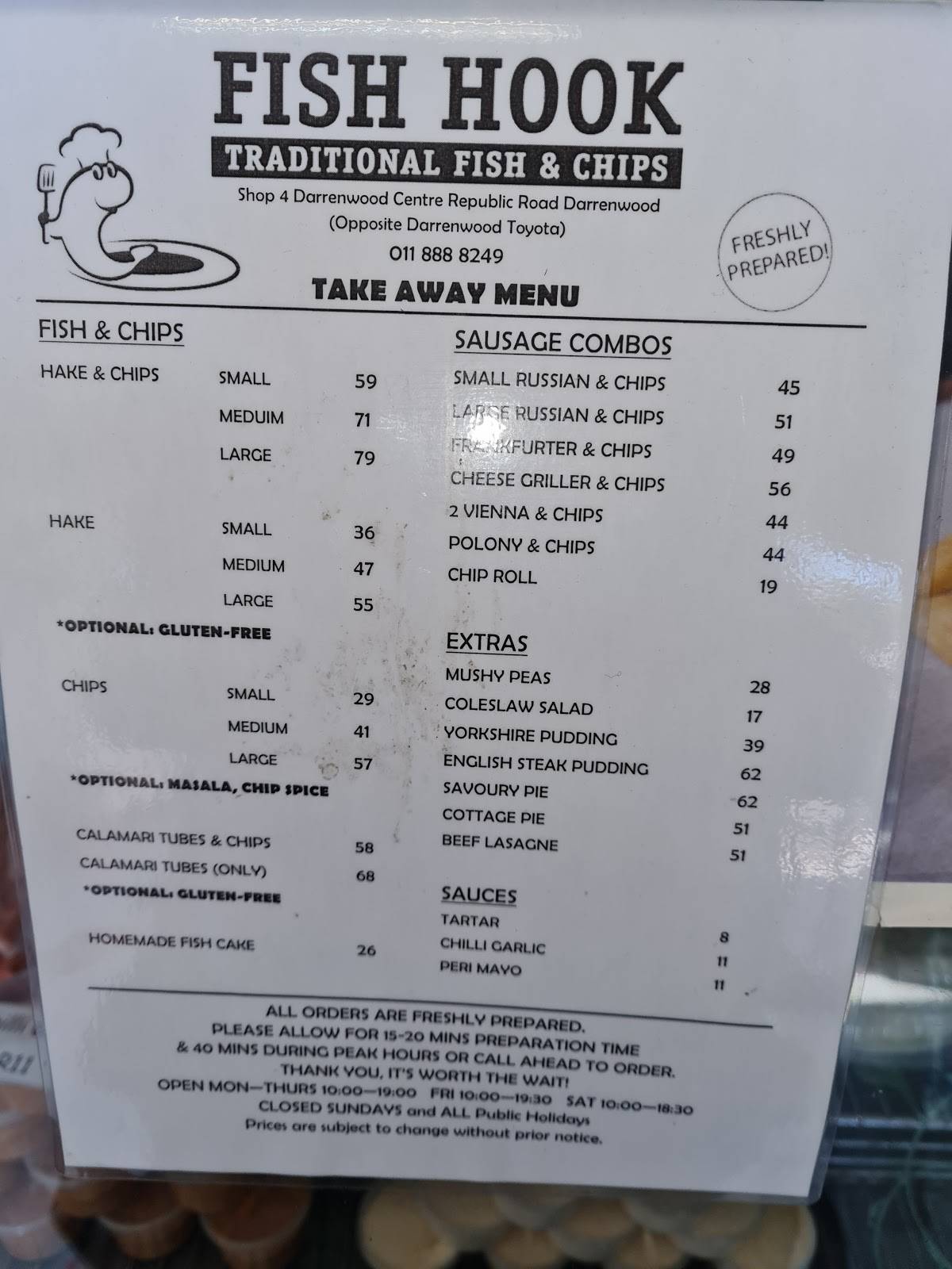Menu at Fish Hook Traditional Fish and Chips restaurant, Randburg, 354