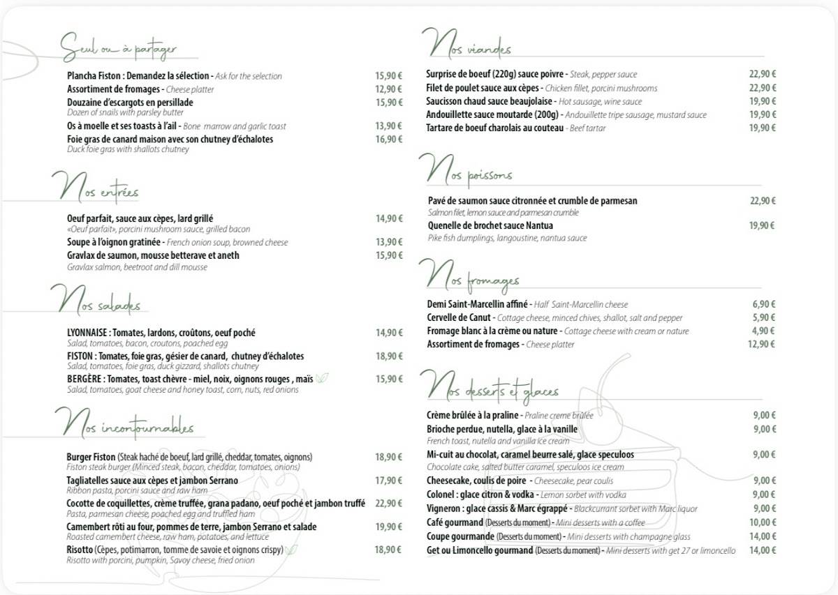 Menu de Fiston - Cuisine française (rue Mercière)