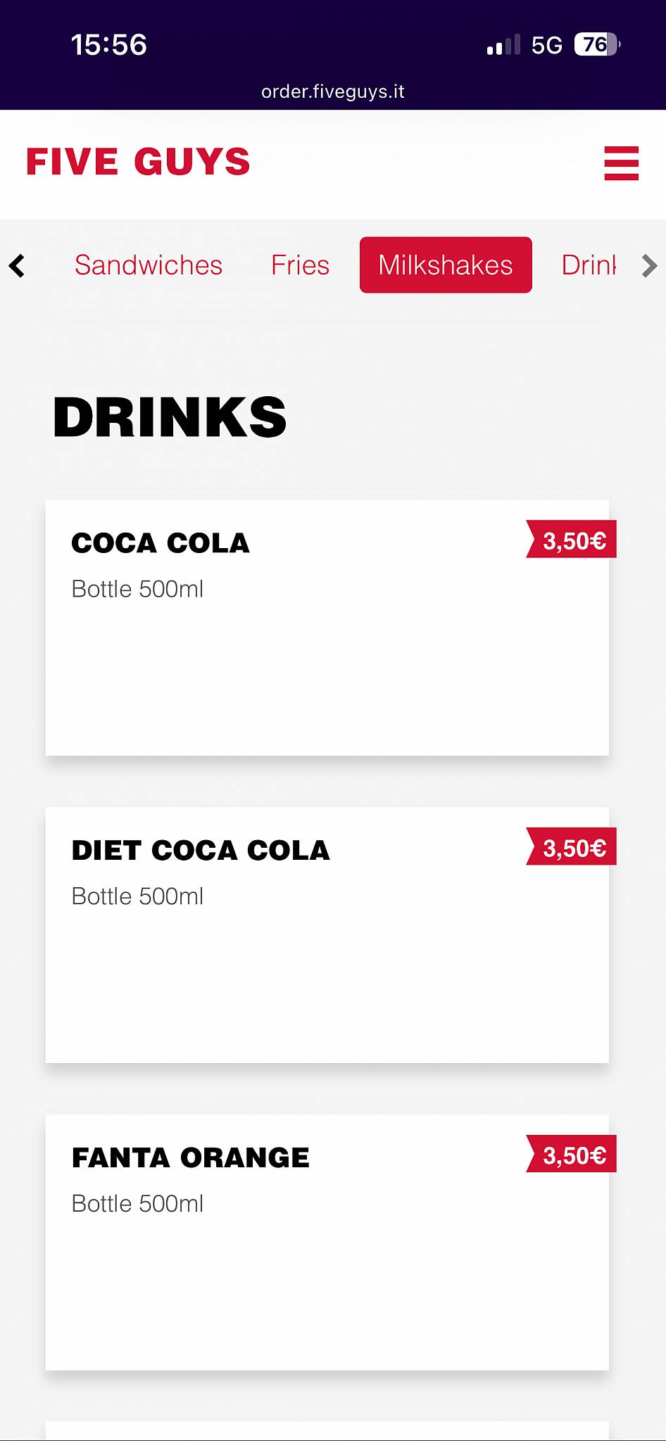 Menu di Five Guys Via Dante 