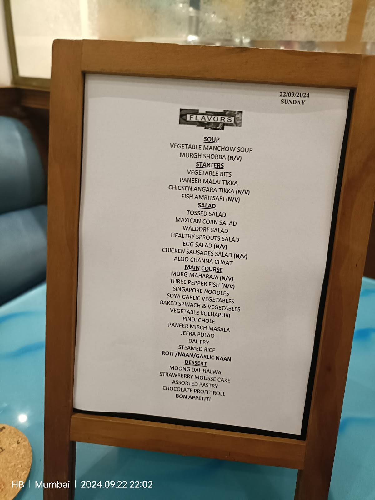 Flavors Cafe at The Ambassador menu