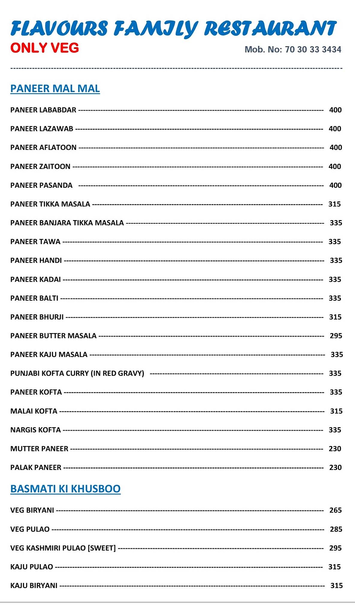 Flavours Restaurant Live Orchestra Bar menu