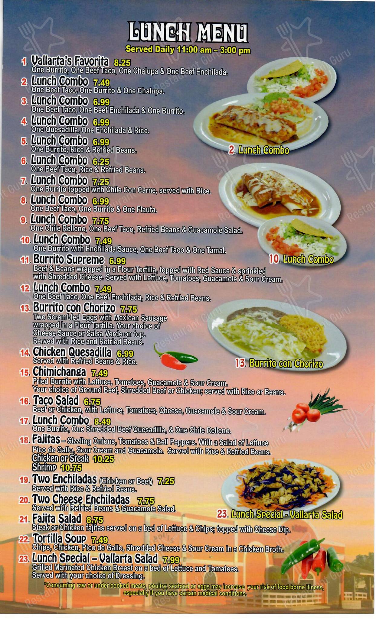 Menu at Vallarta Mexican Restaurant, Foley