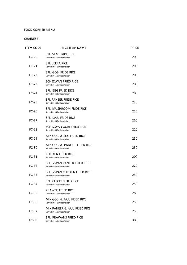 Food Corner menu